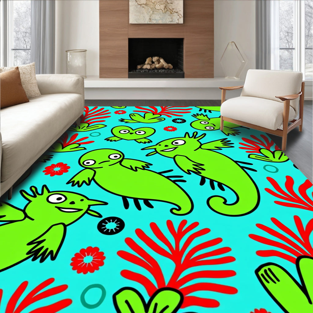 Whimsical Green Creatures Red Coral Rug