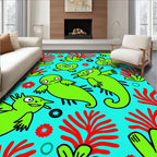 Whimsical Green Creatures Red Coral Rug