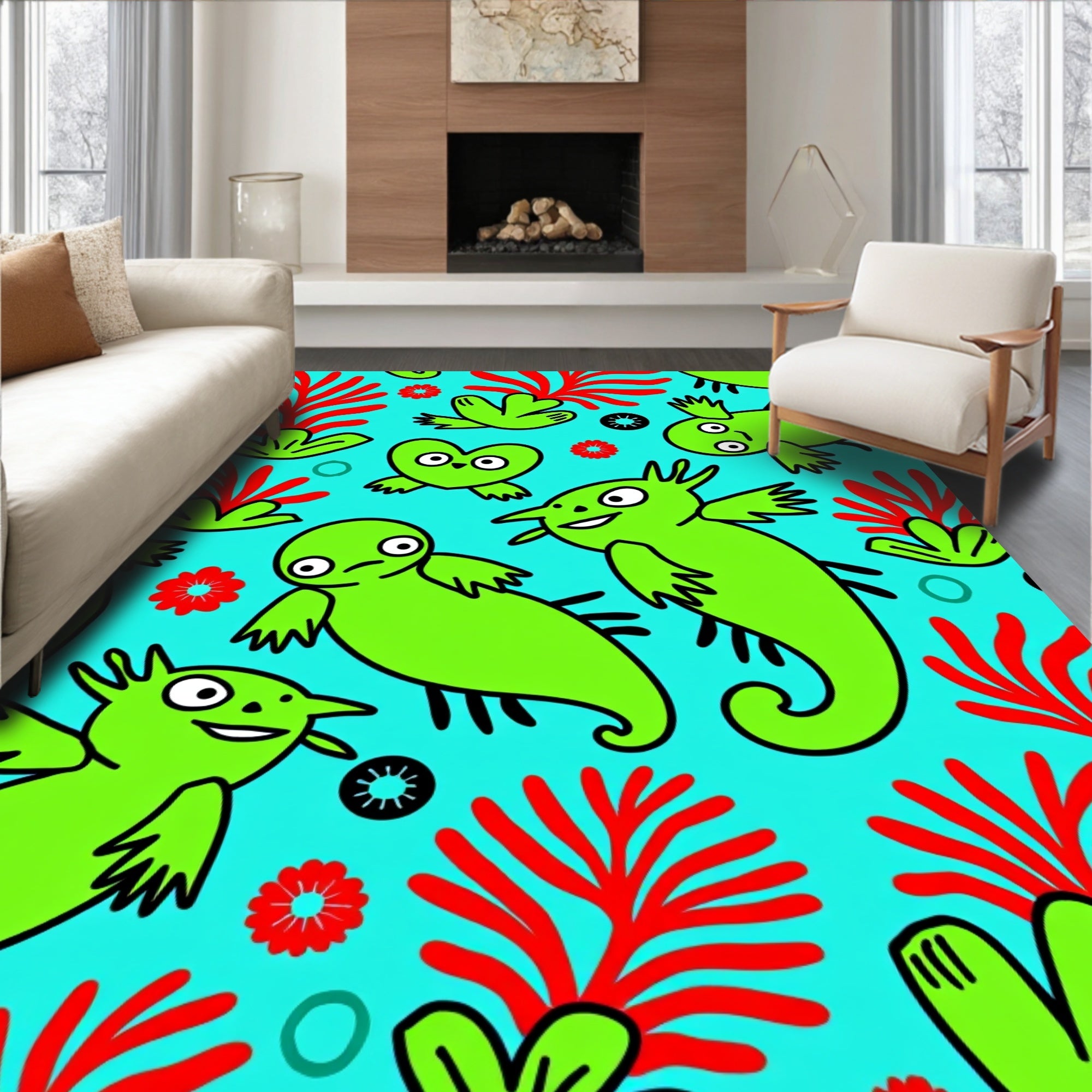Whimsical Green Creatures Red Coral Rug