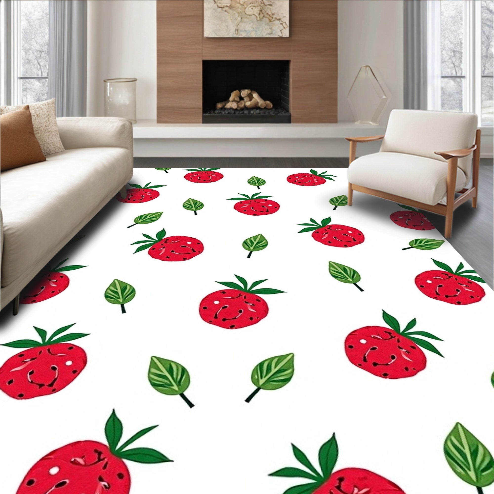 Crimson Strawberry Field Scattered Leaves Rug