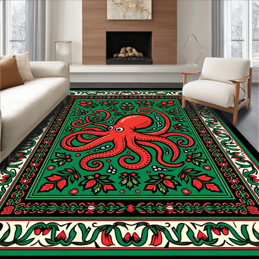 Red Octopus Green Floral Border Rug