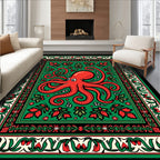 Red Octopus Green Floral Border Rug