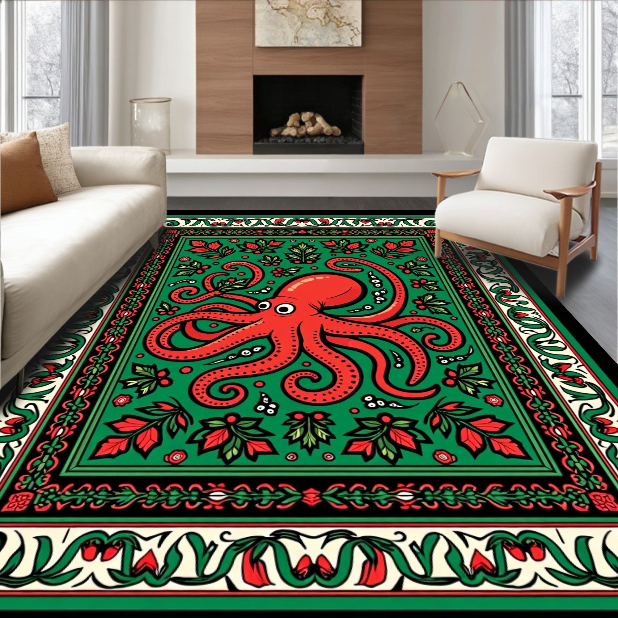 Red Octopus Green Floral Border Rug