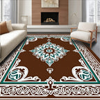 Brown Teal White Floral Medallion Brocade Rug