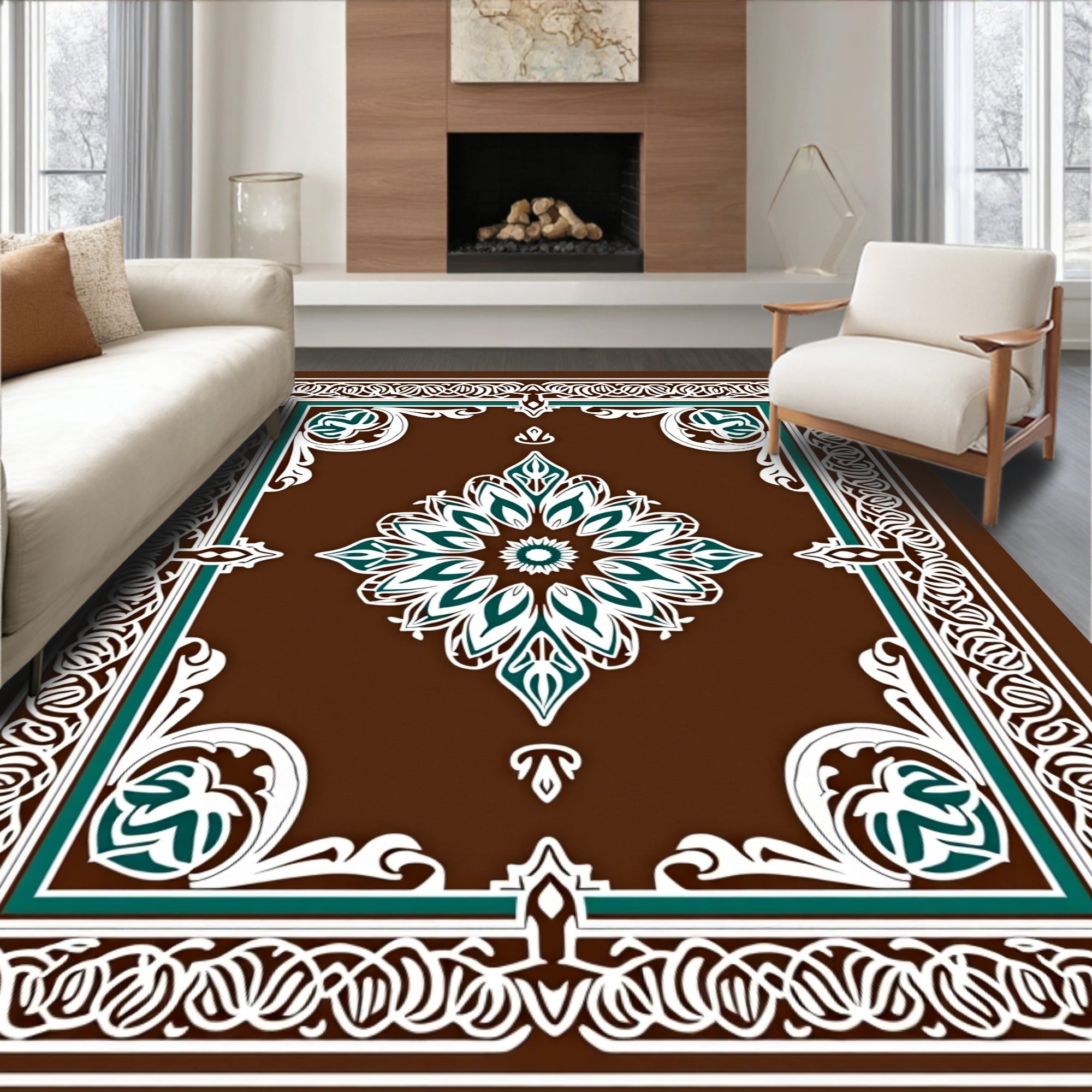 Brown Teal White Floral Medallion Brocade Rug