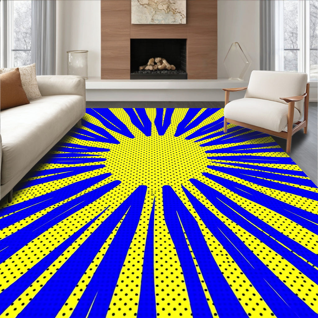 Bold Blue Sunburst Yellow Dot Rug
