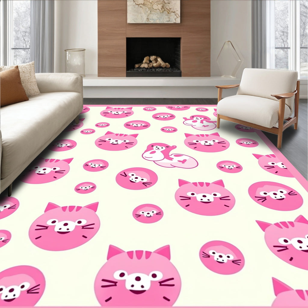 Pink Cat Face Circle Collage Rug