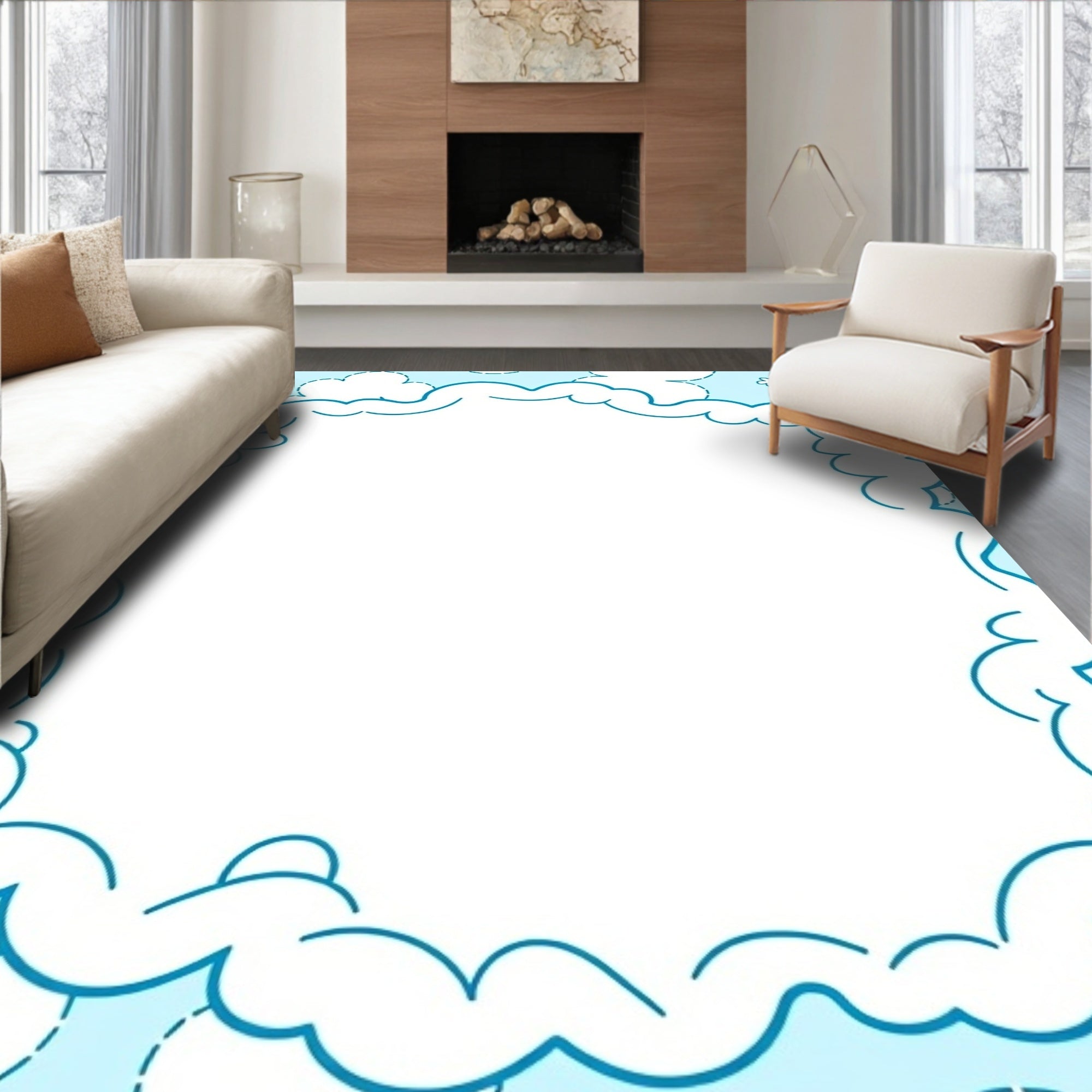 Dreamy Blue Cloud Border Rug