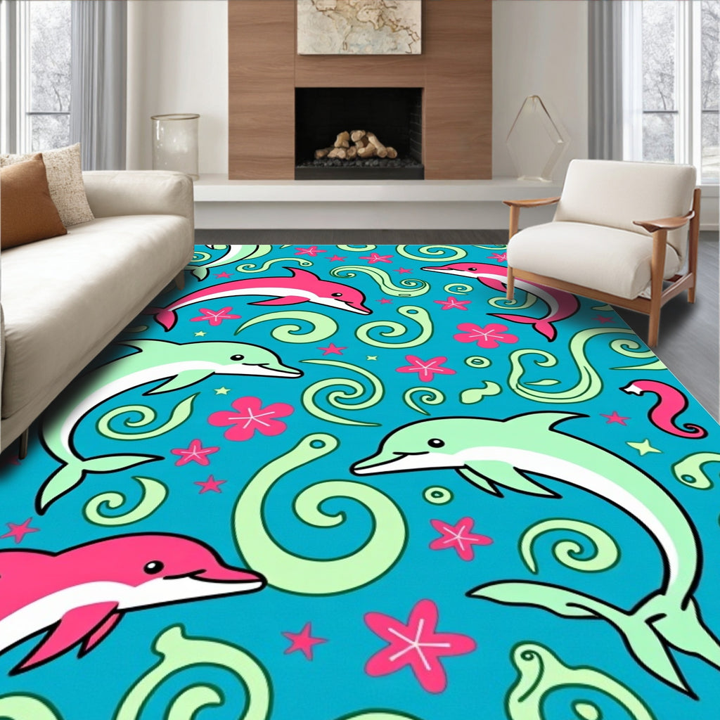 Turquoise Dolphin Swirl Coral Starfish Rug