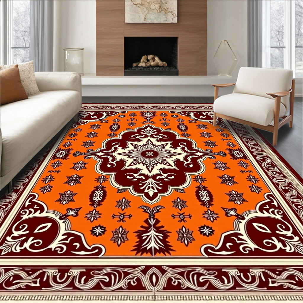 Vibrant Amber Floral Medallion Rug