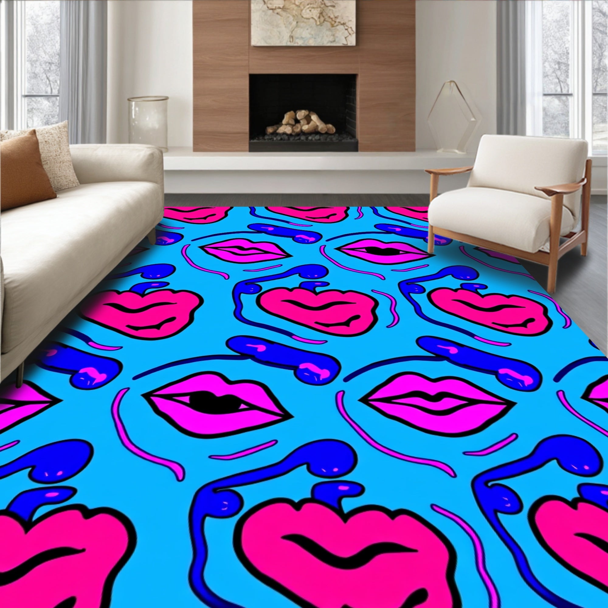 Vibrant Pink Blue Face Collage Rug