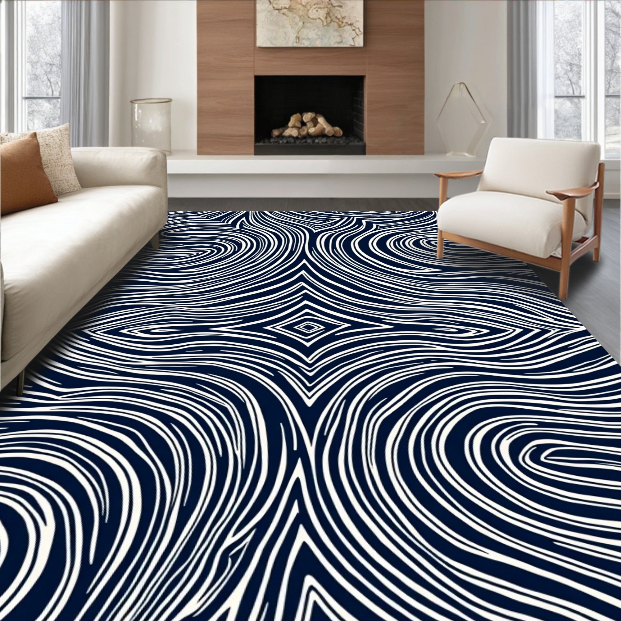 Deep Blue White Organic Swirl Rug