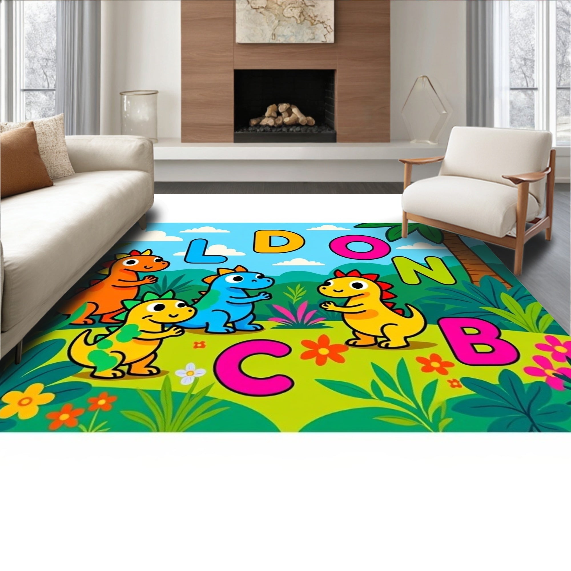 Cute Dinosaur Alphabet Jungle Rug