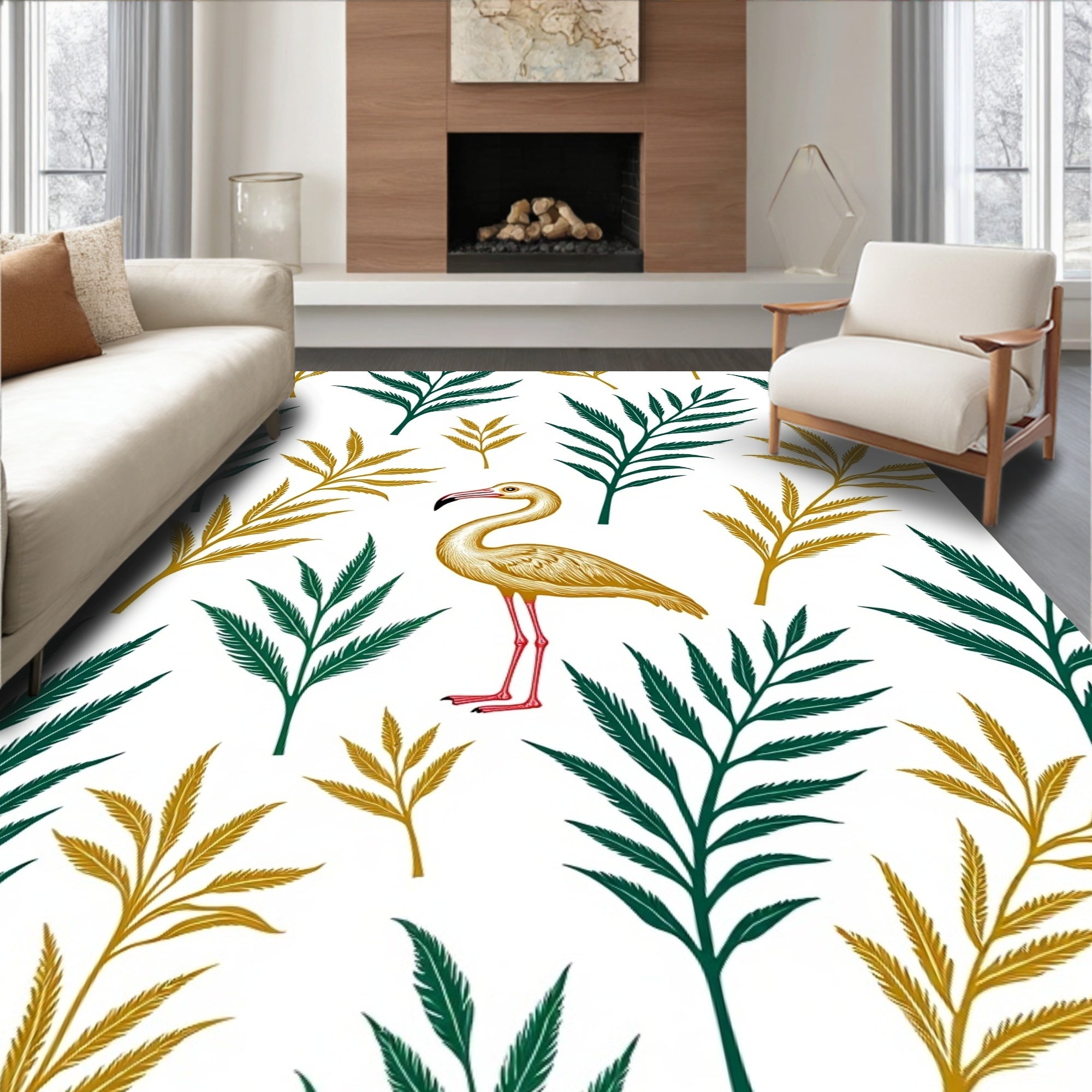 Golden Flamingo Tropical Green Foliage Rug