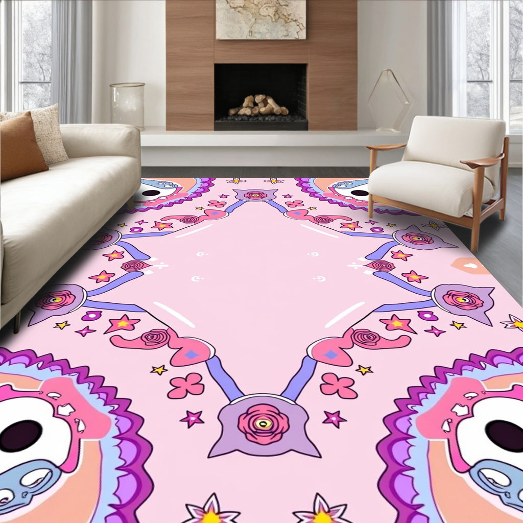 Whimsical Pink Cartoon Creature Mandala Rug