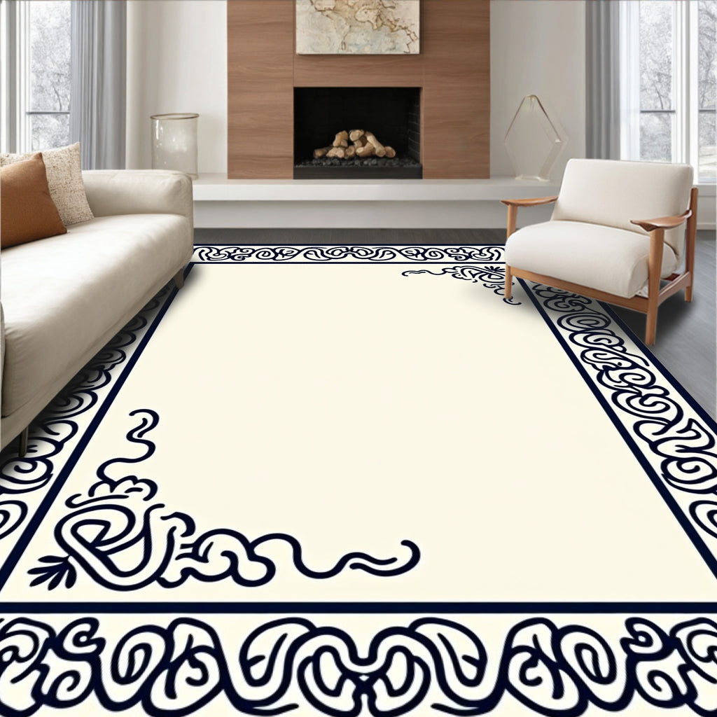 Navy Ivory Curvilinear Border Rug