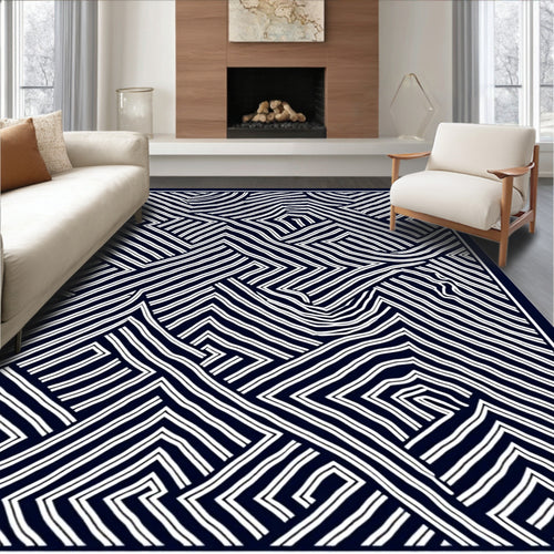 Abstract White Stripe Navy Geometric Rug