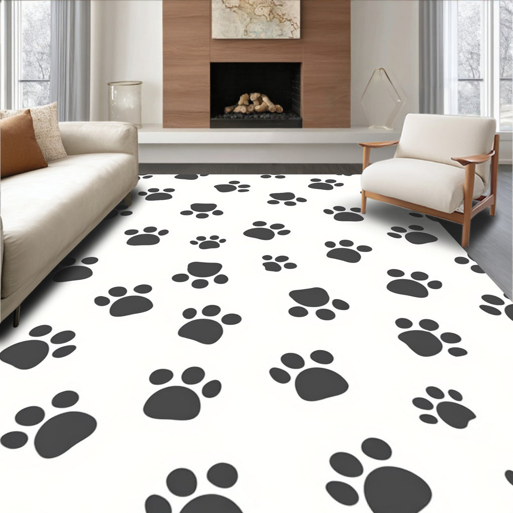 Dark Gray Paw Prints on White Rug