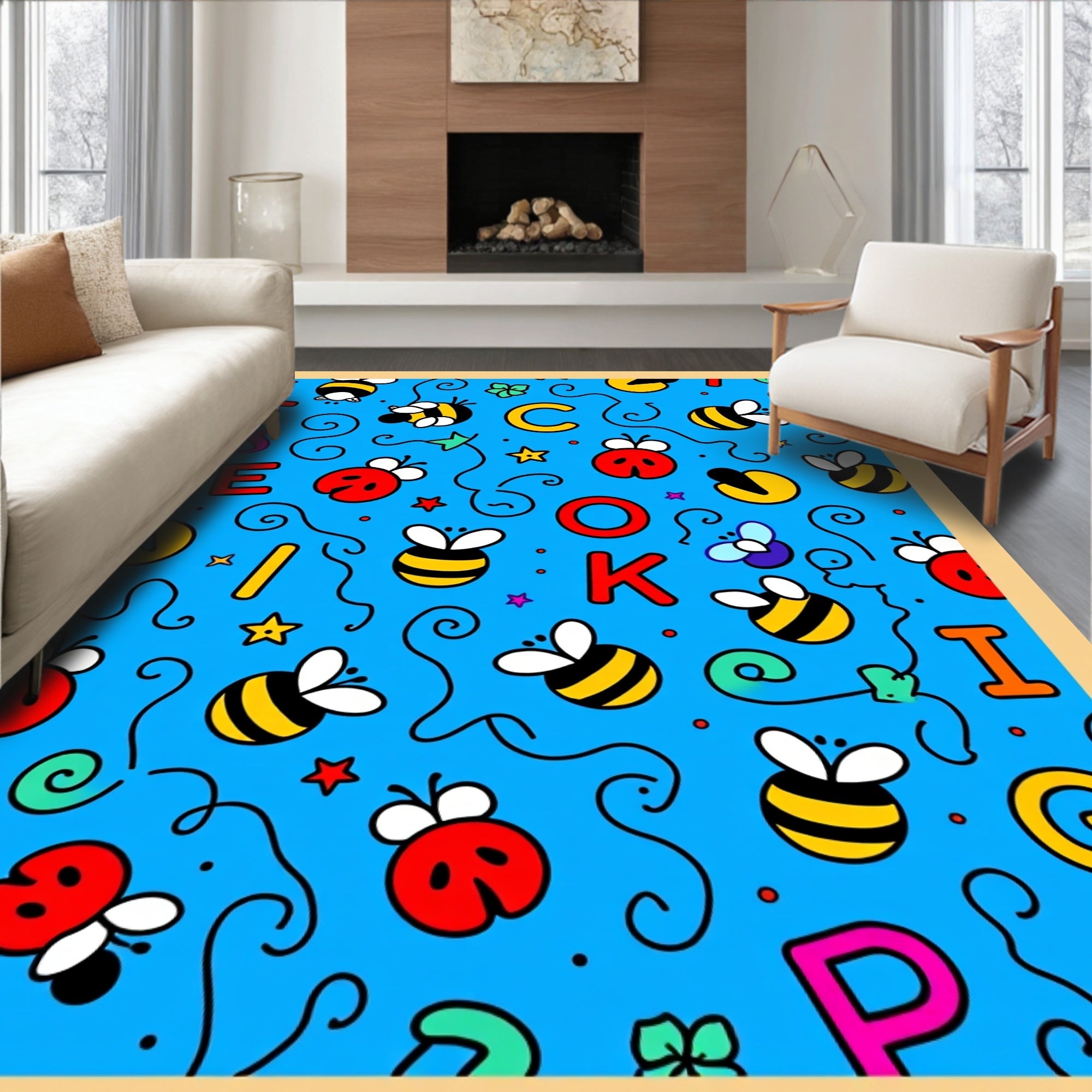 Whimsical bee and ladybug alphabet blue Rug