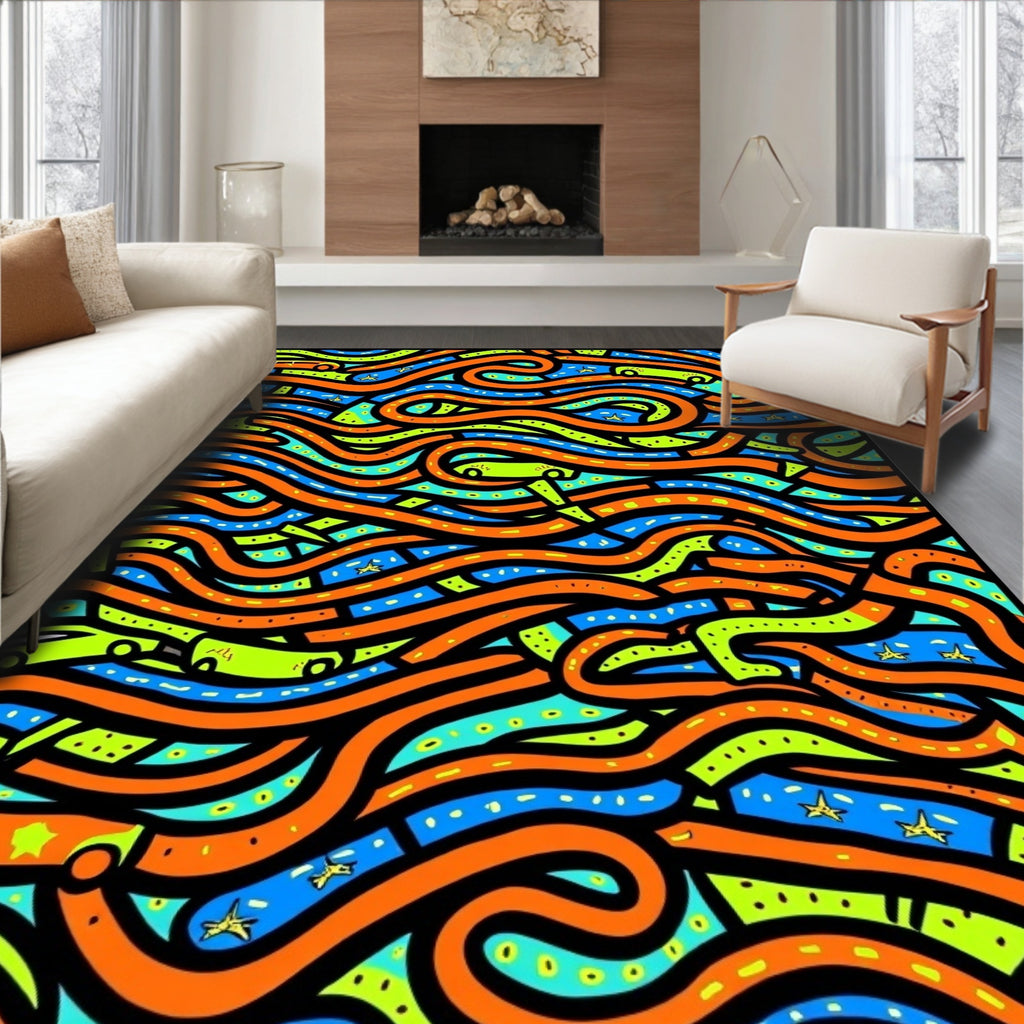 Playful Orange Blue Green Auto Roads Rug