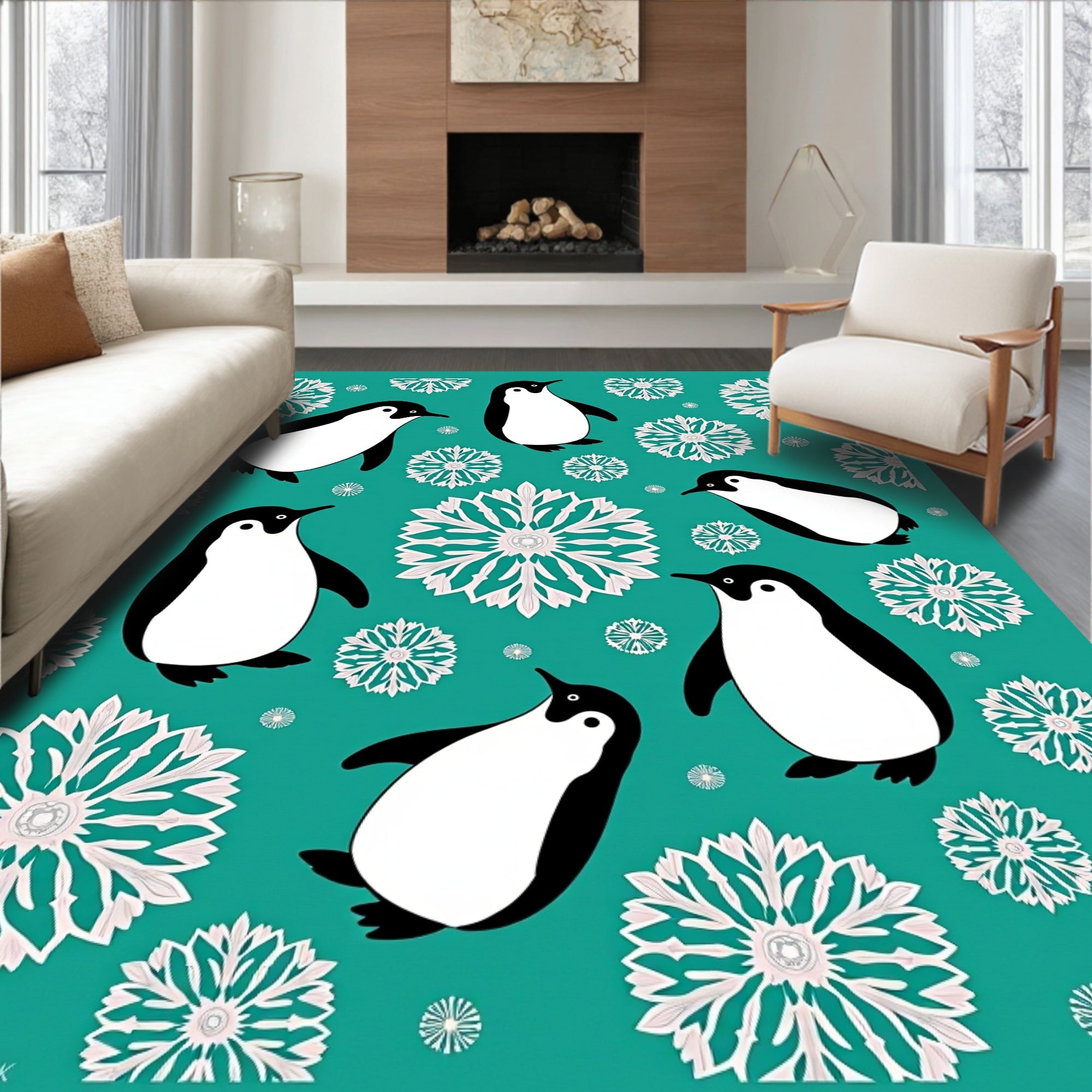 Teal Penguin Snowflake Whimsy Rug