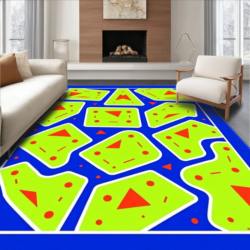 Bright Blue Abstract Lime Green Shapes Rug