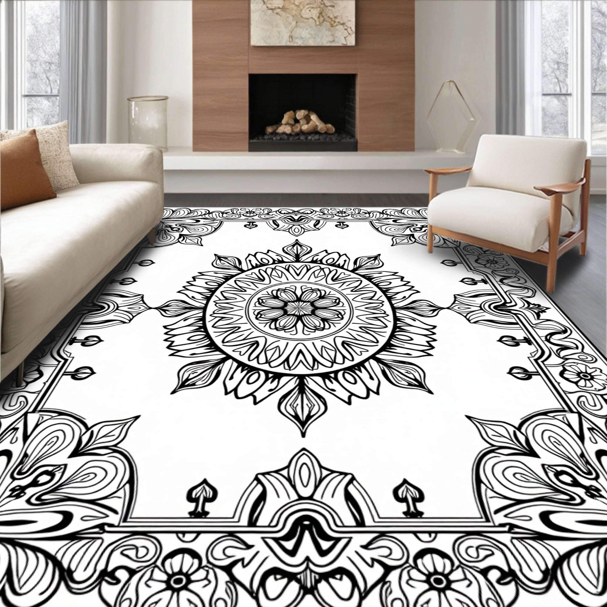Intricate Black White Mandala Border Rug