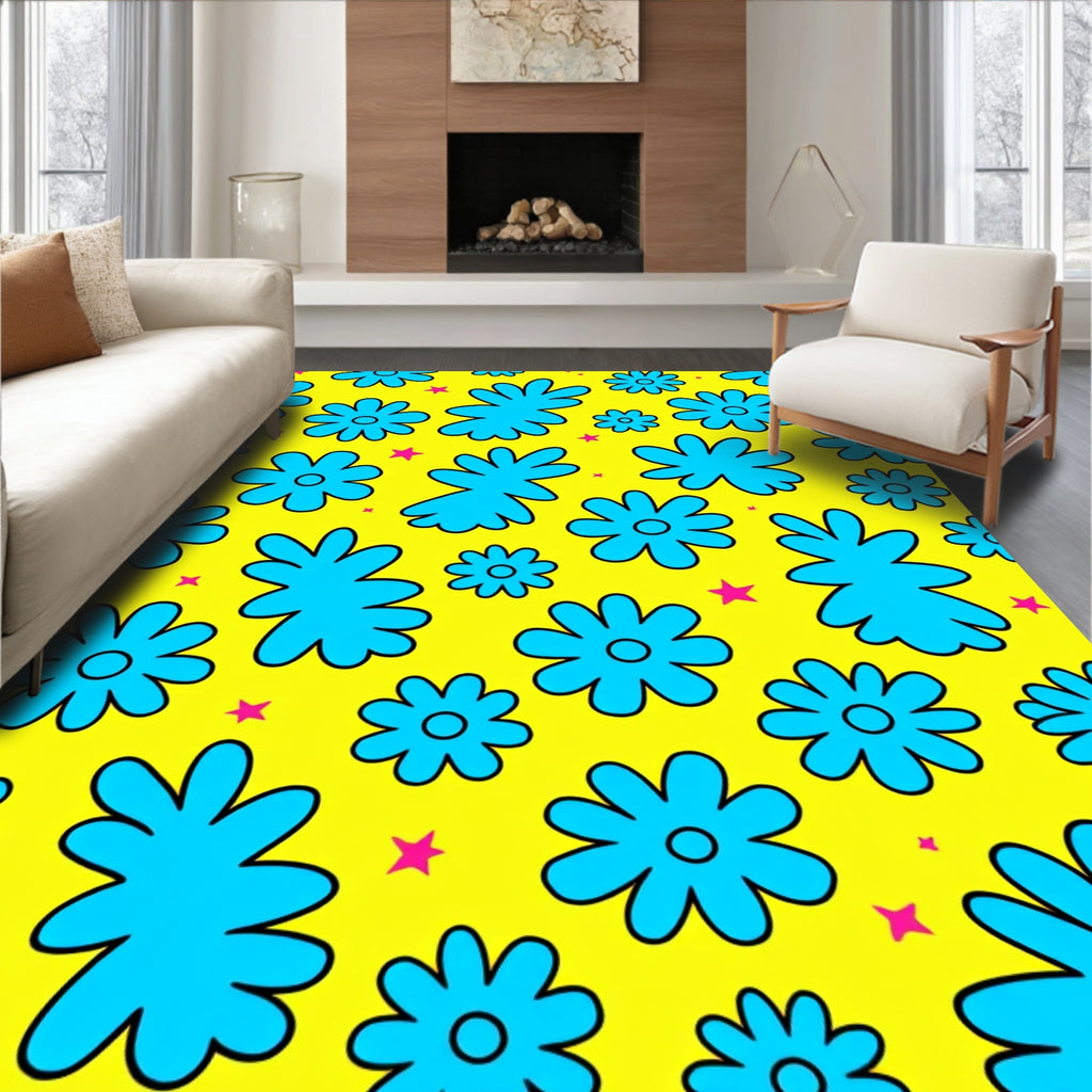 Bright Yellow Blue Flower Pop Art Rug