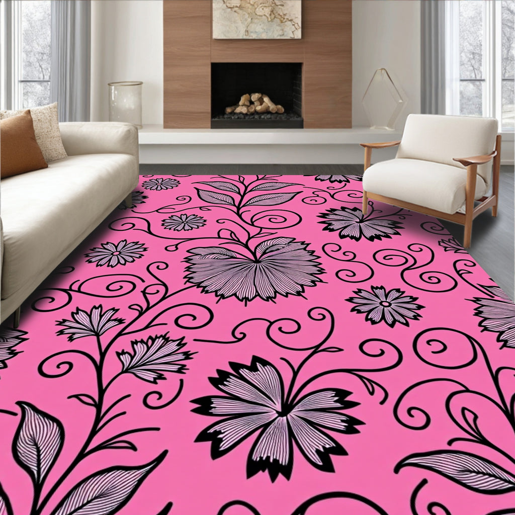 Vibrant Pink Floral Scrollwork Rug