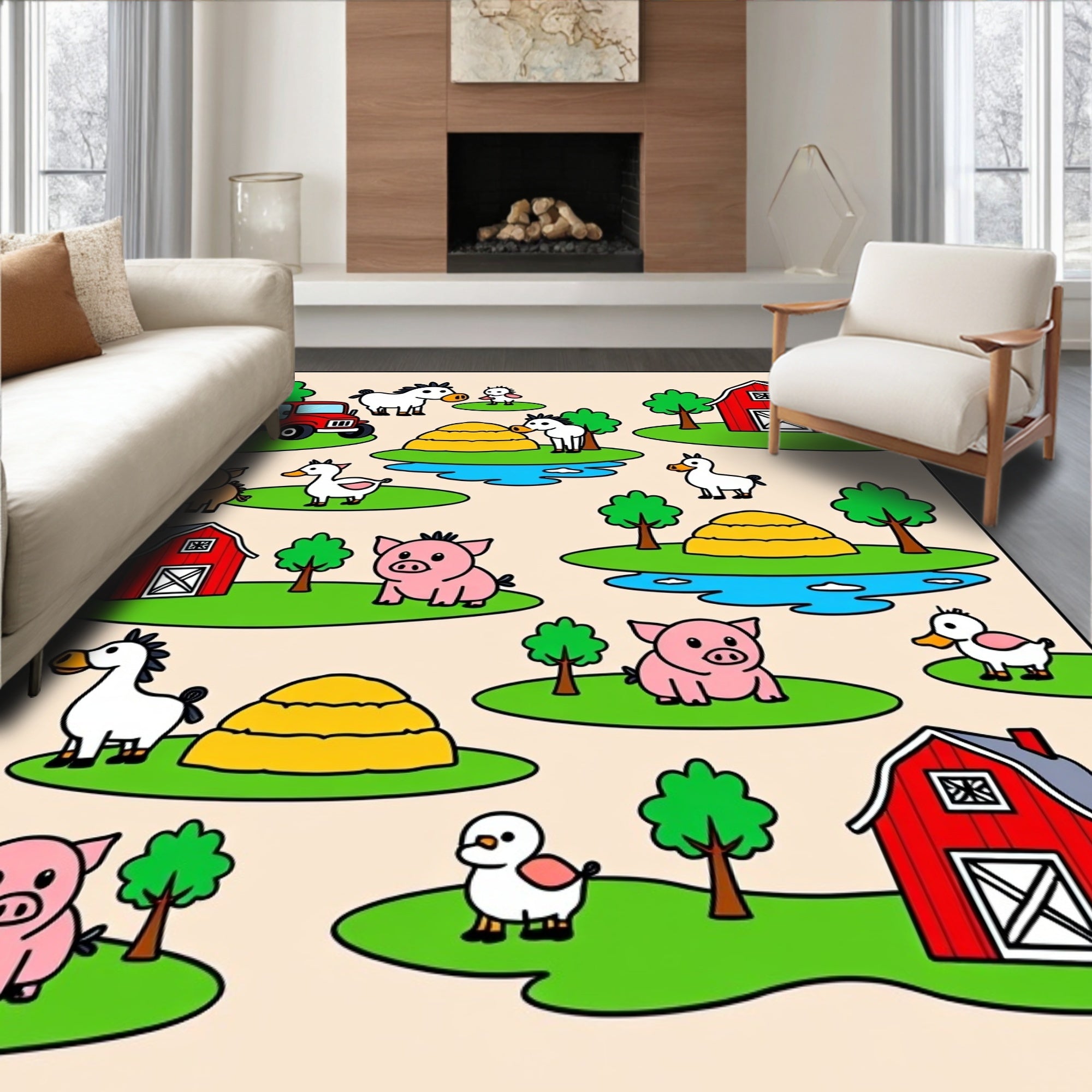 Farm Animals Red Barn Haystacks Tractor Rug