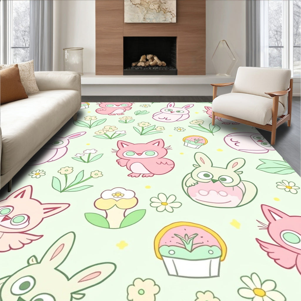 Pink Cartoon Animals Easter Floral Rug
