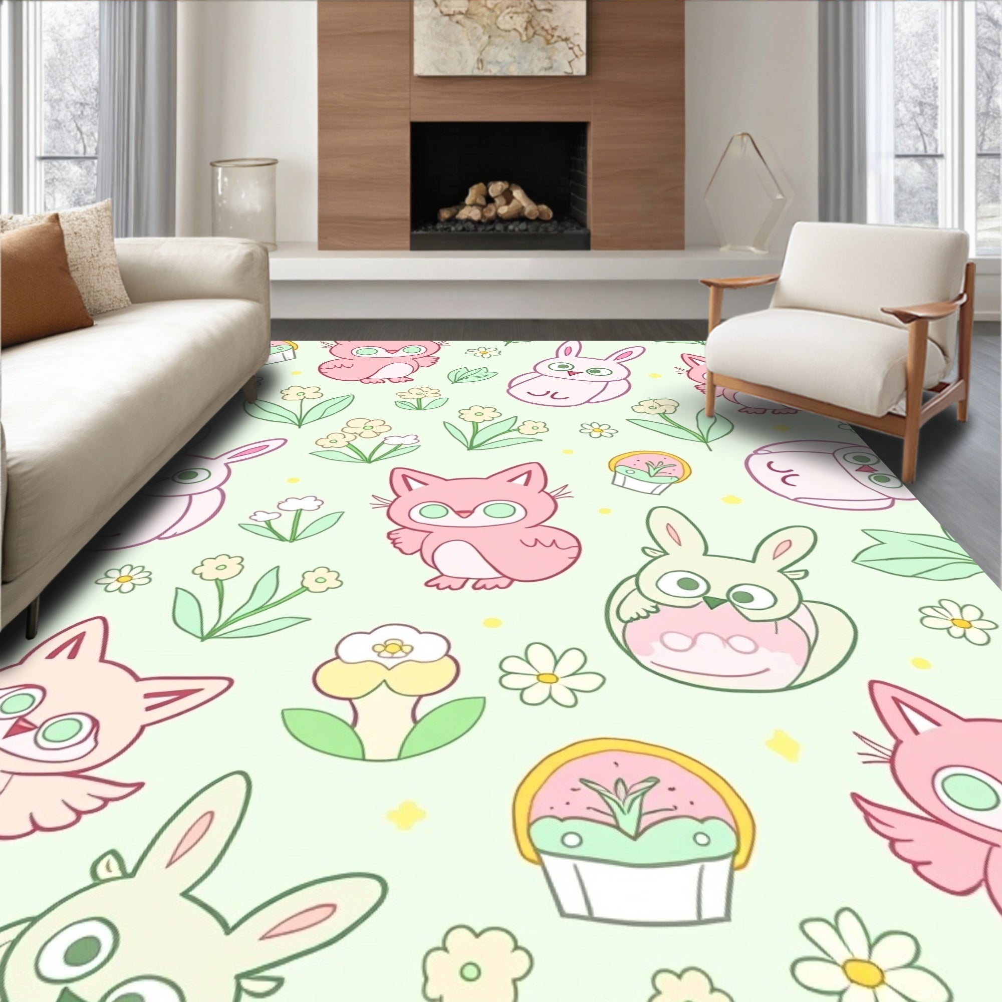 Pink Cartoon Animals Easter Floral Rug