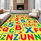 Playful Red Blue Yellow Alphabet Collage Rug