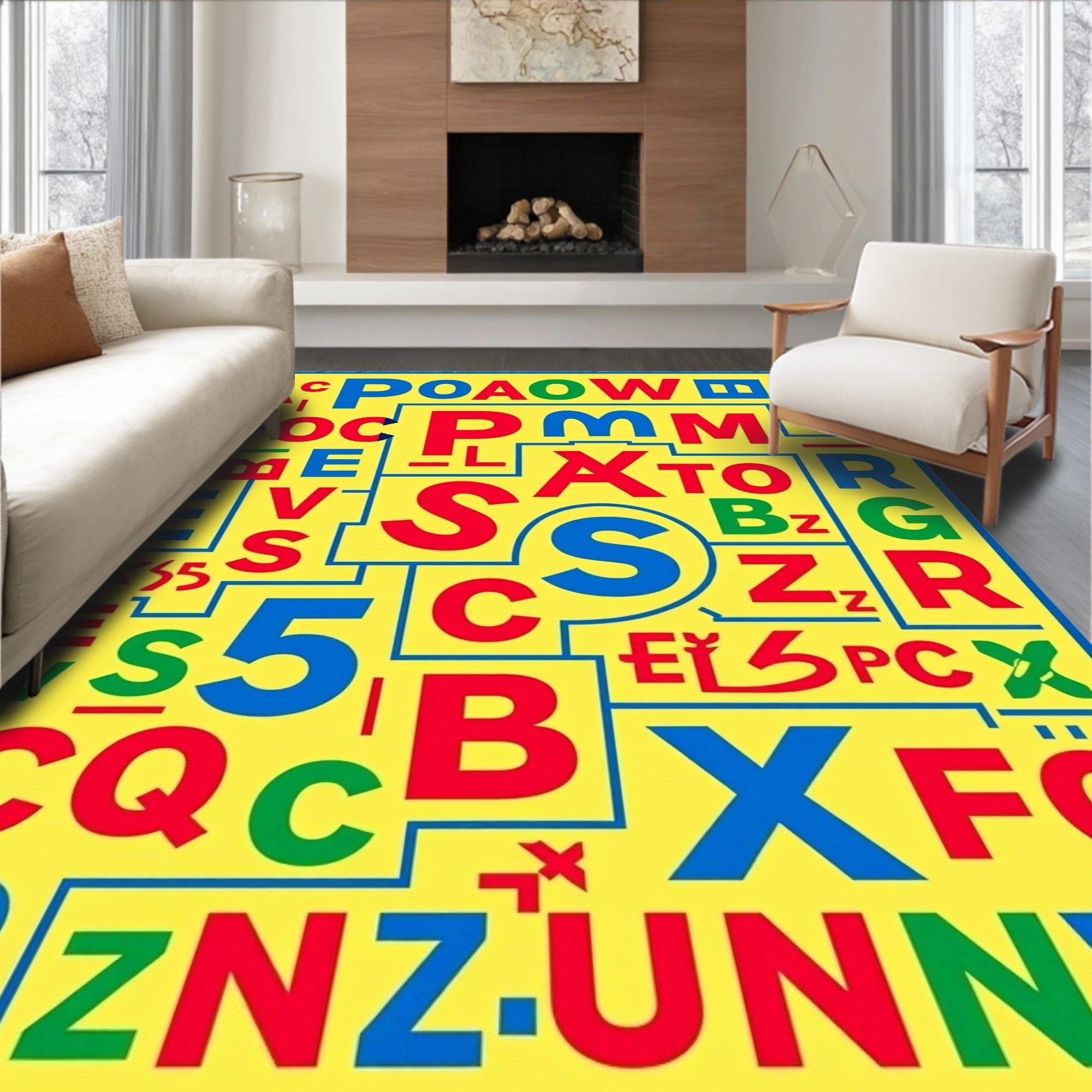 Playful Red Blue Yellow Alphabet Collage Rug