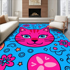 Vibrant Pink Cat Blue Sky Whimsical Collage Rug