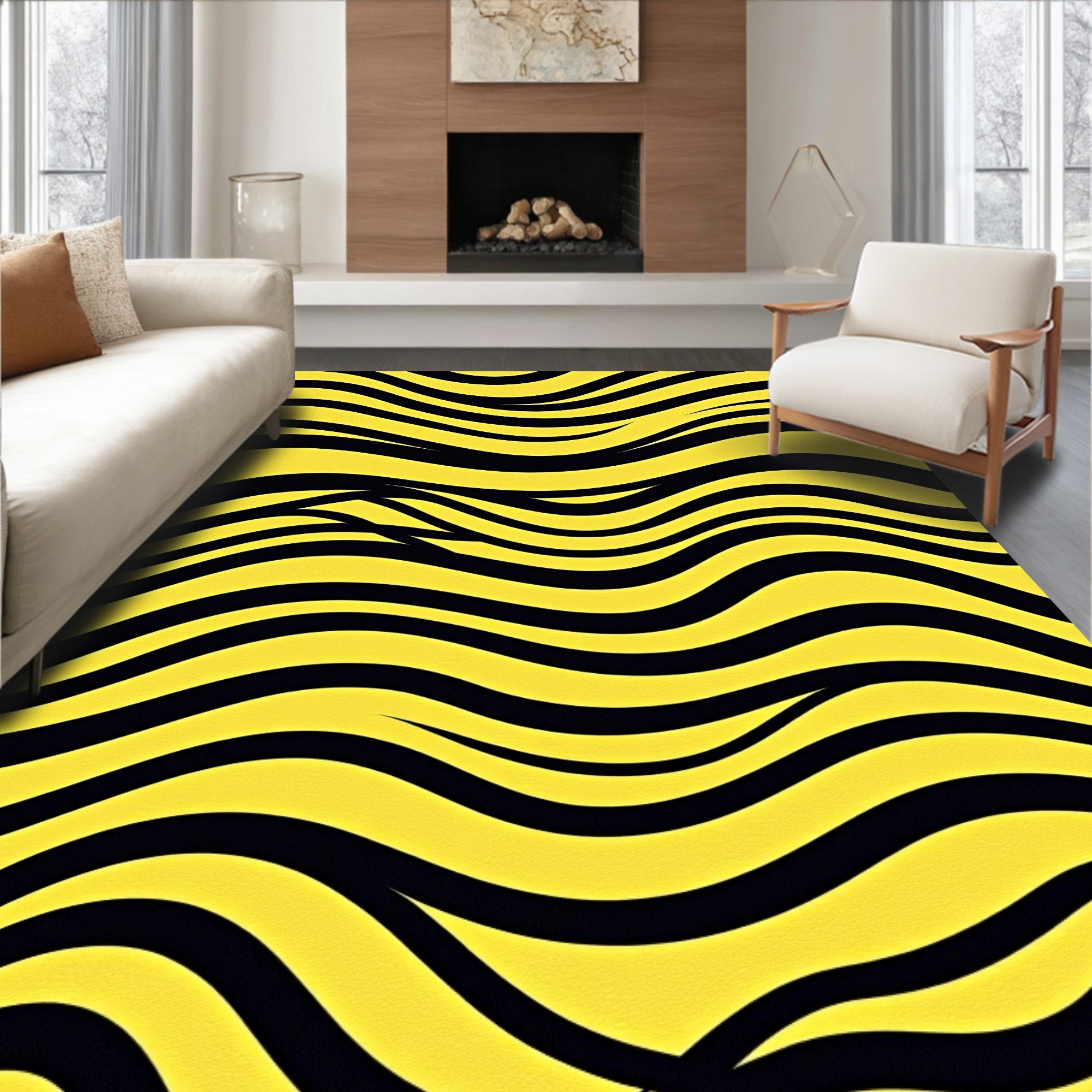Bold Yellow Black Wavy Stripes Rug