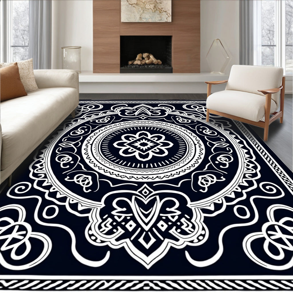 Dark Navy White Intricate Mandala Rug