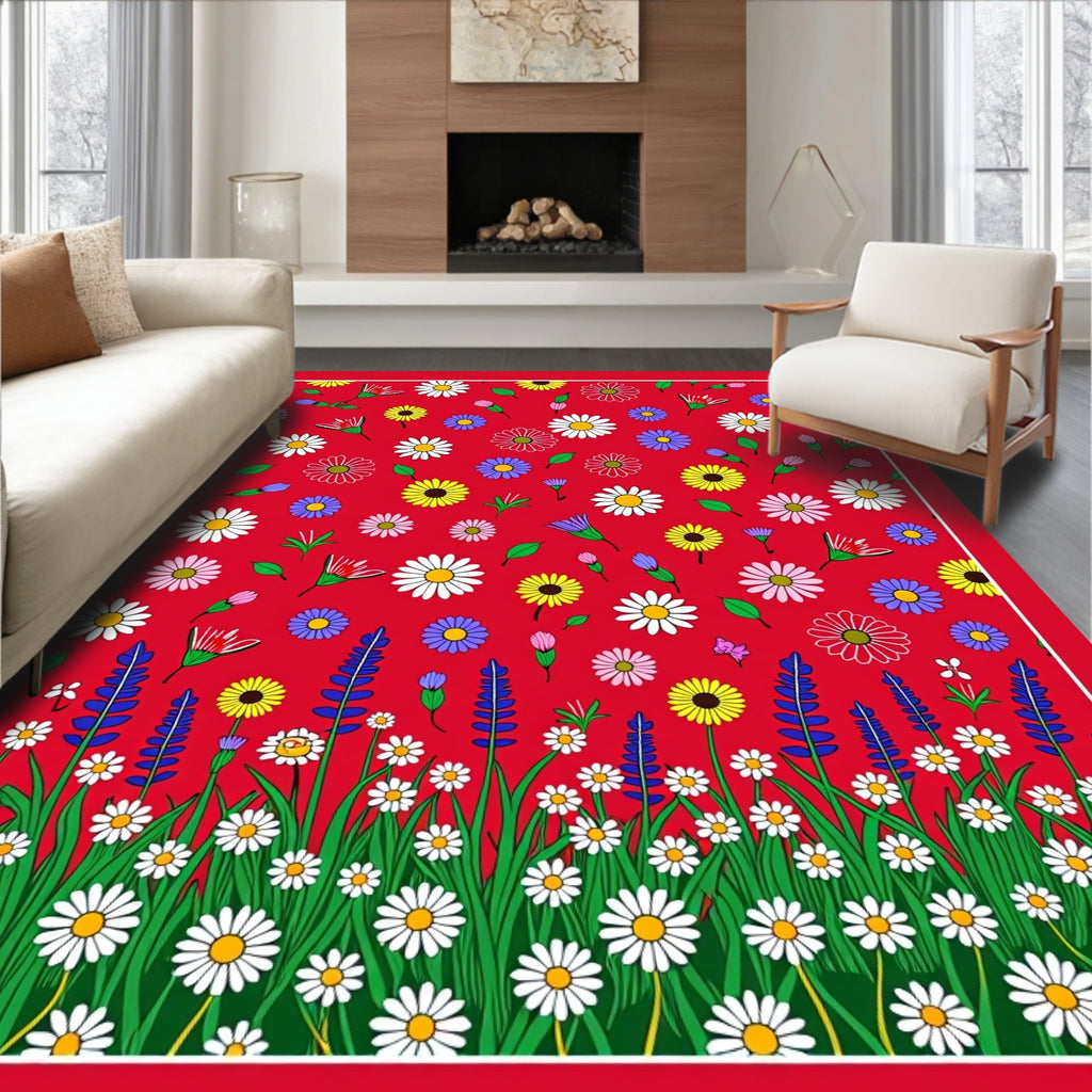 Whimsical Red Daisy Meadow Garden Rug