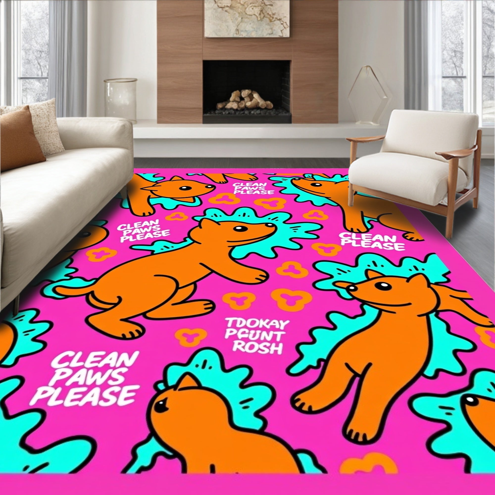 Pink Orange Whimsical Dog Splash Rug