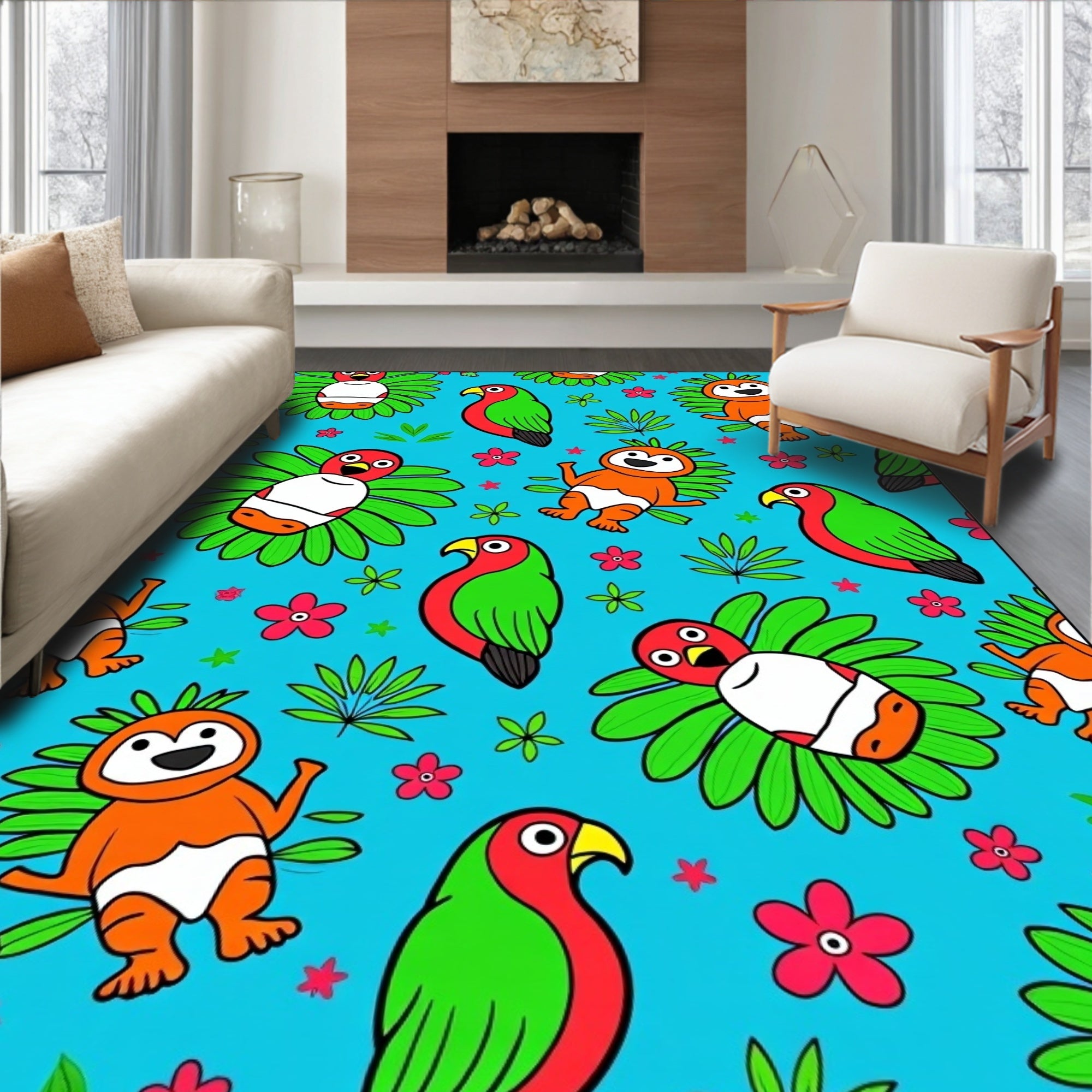 Whimsical Red Green Toucan Jungle Rug