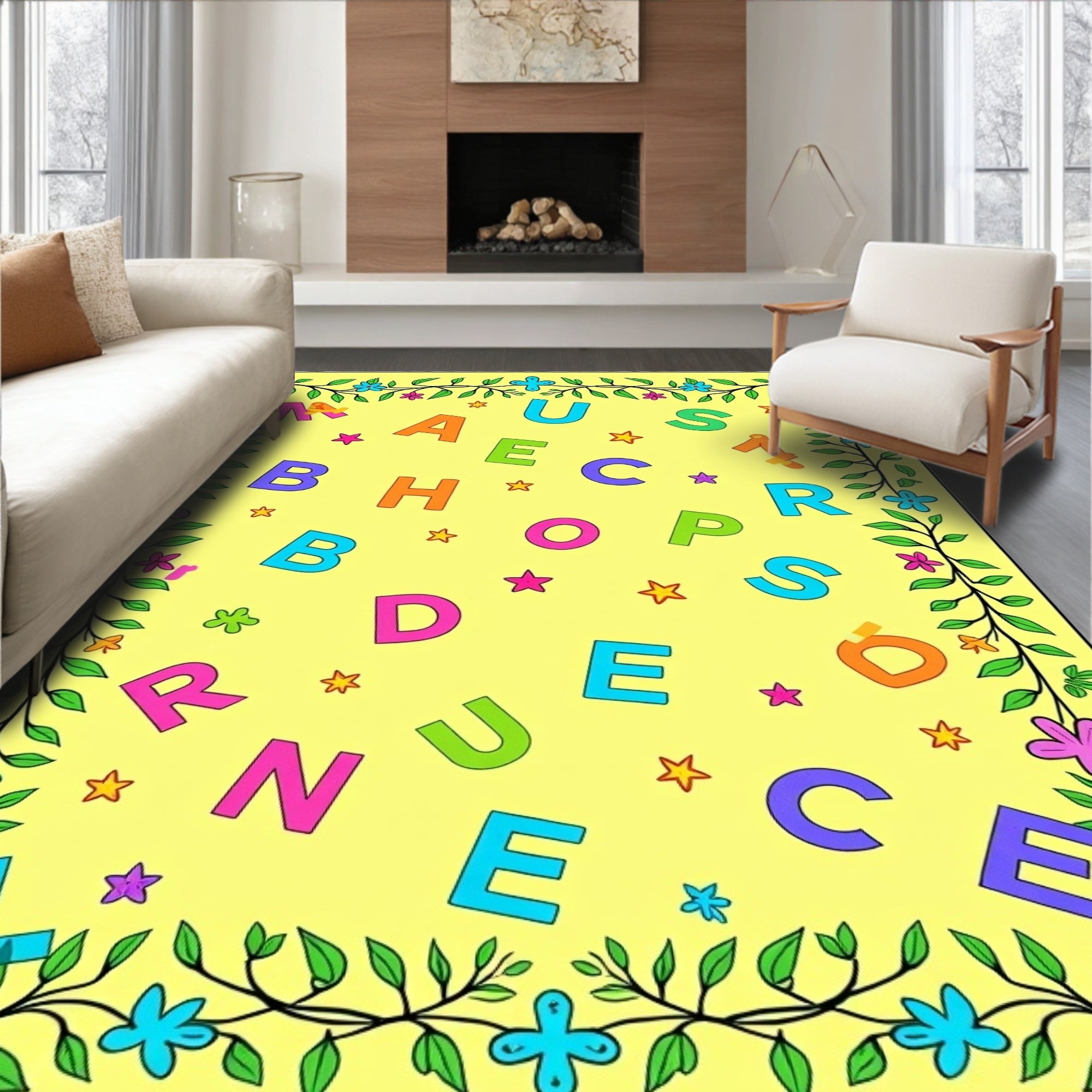 Yellow ABC Floral Border Rug