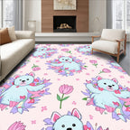 Cute Blue Dog Floral Pink Tulips Rug