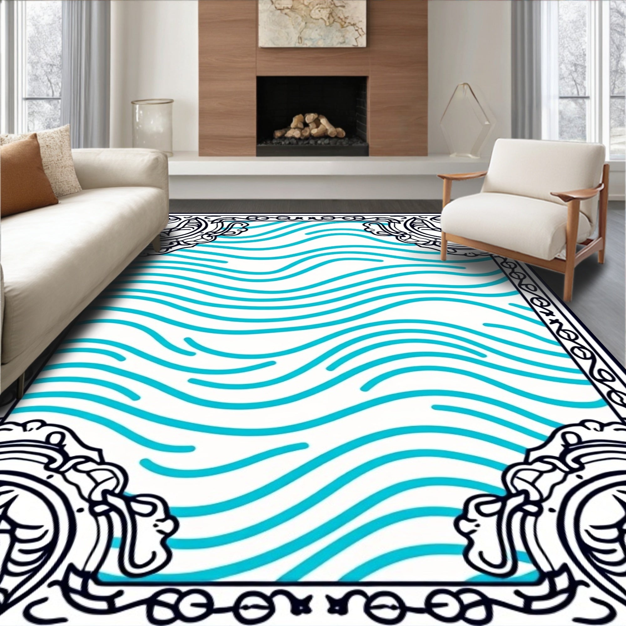 Classic Blue Wave Swirls Bordered Rug