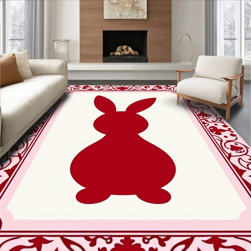 Crimson Bunny In Pink Floral Frame Rug