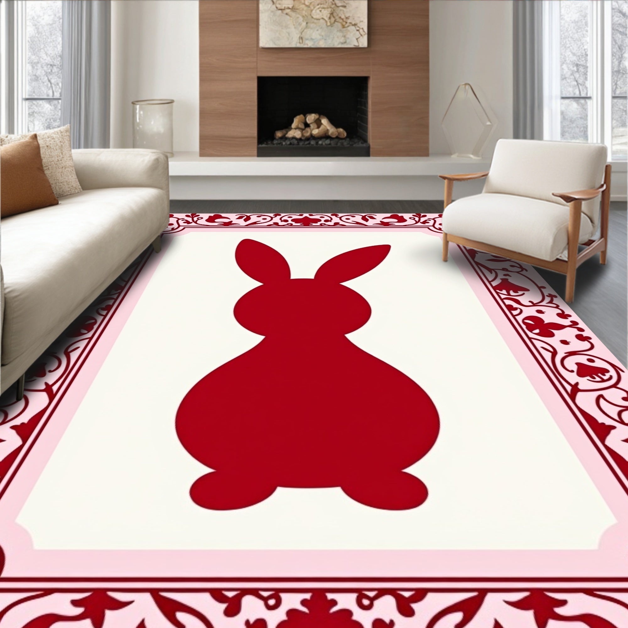Crimson Bunny In Pink Floral Frame Rug