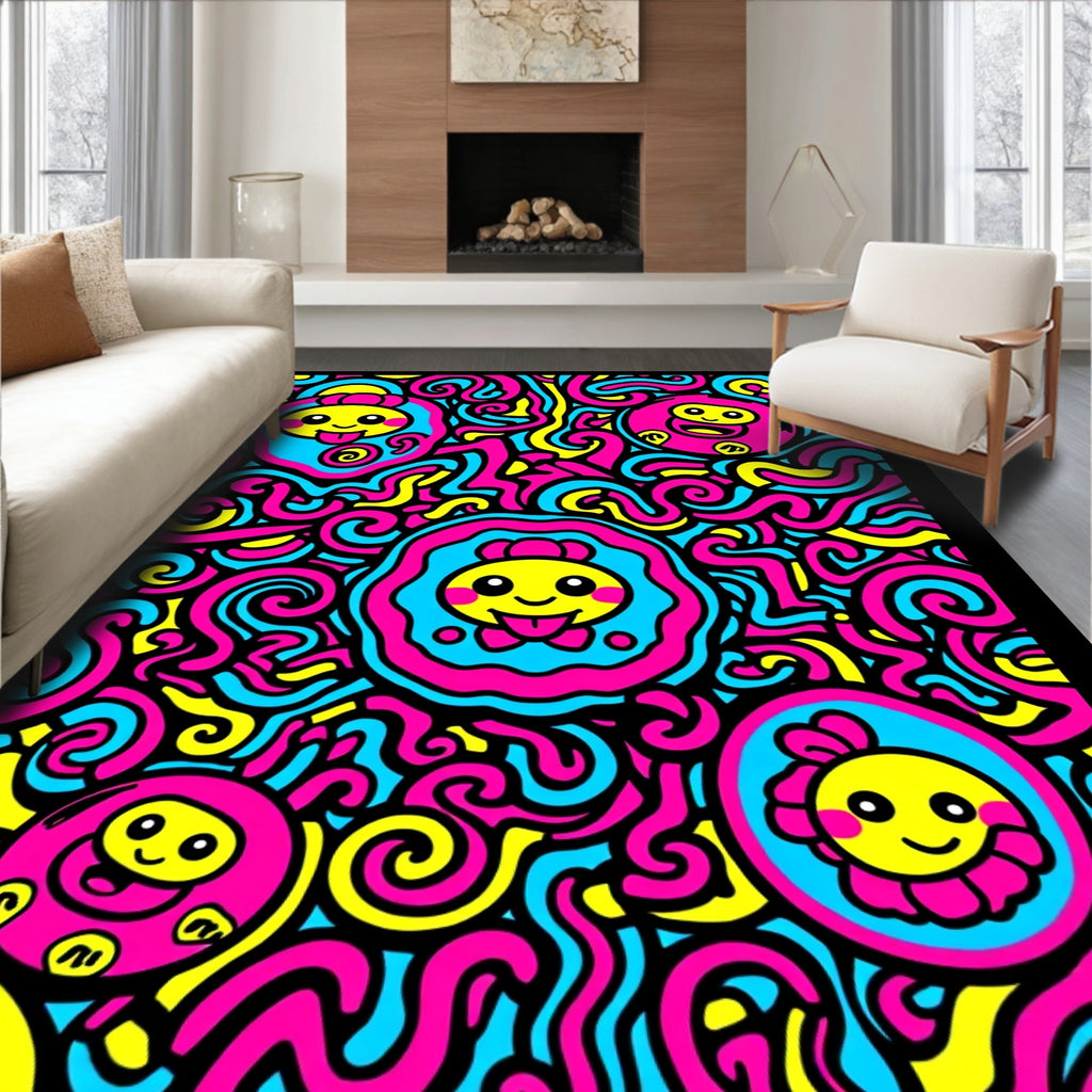 Vibrant Pink Blue Yellow Character Collage Rug