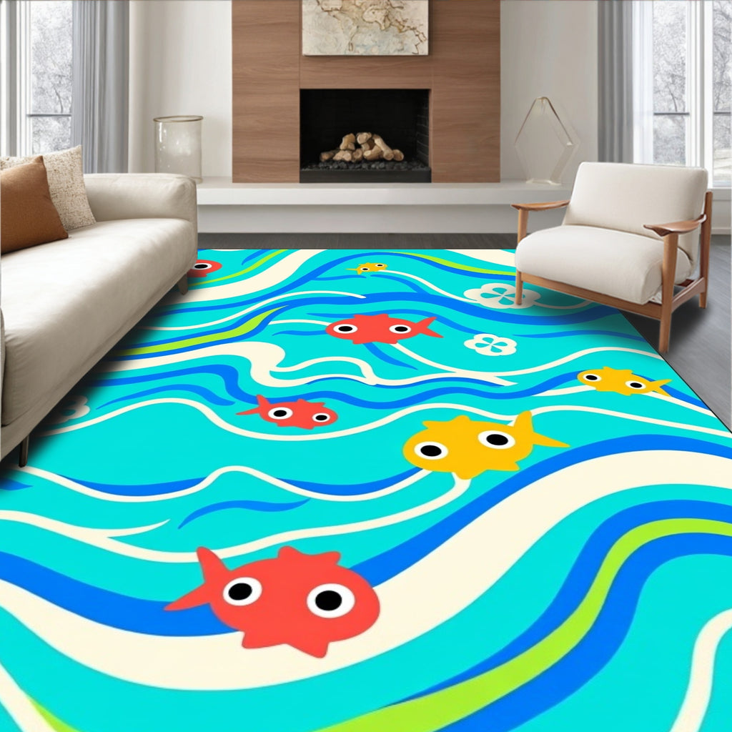 Red Yellow Fish Swirly Ocean Waves Rug