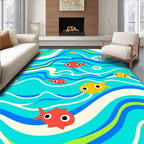 Red Yellow Fish Swirly Ocean Waves Rug