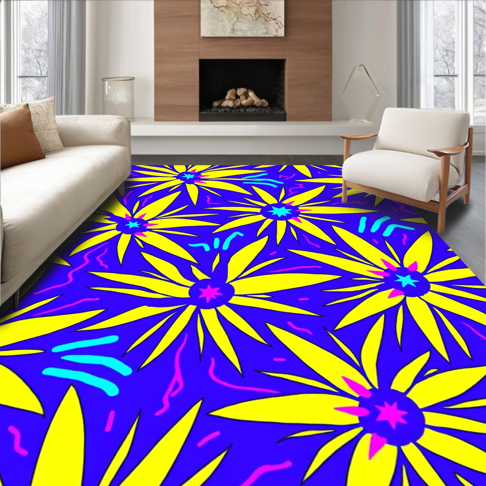 Vibrant Yellow Starburst Floral Statement Rug