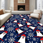 Playful Skiing Penguins Snowflake Navy Rug